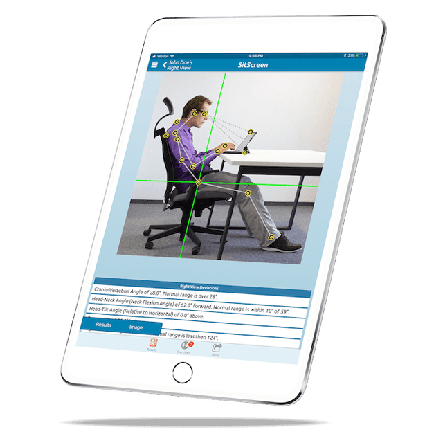 Biometrics being used to analyze a man's posture as he sits at a desk.